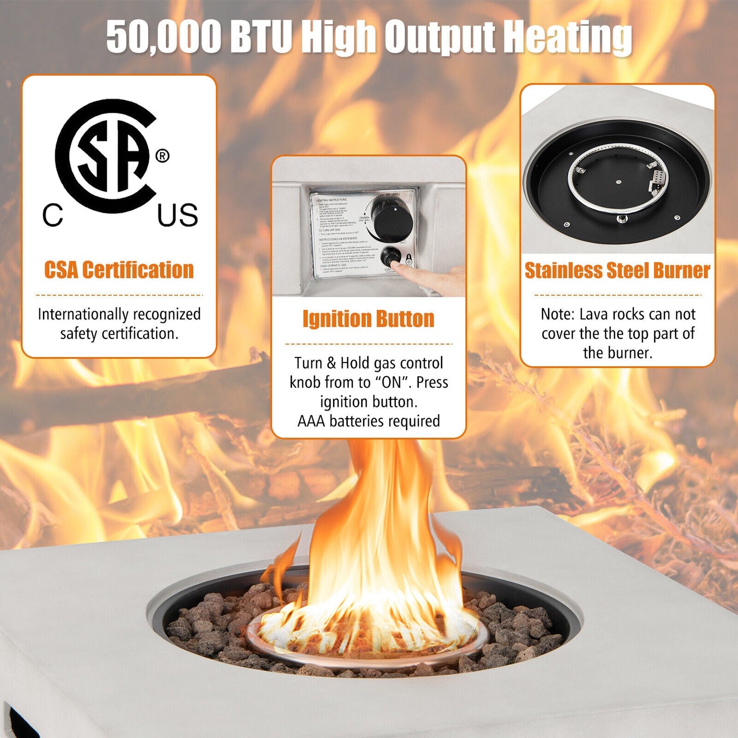 34" Concrete Propane Fire Pit Table – 50,000 BTU | Gray