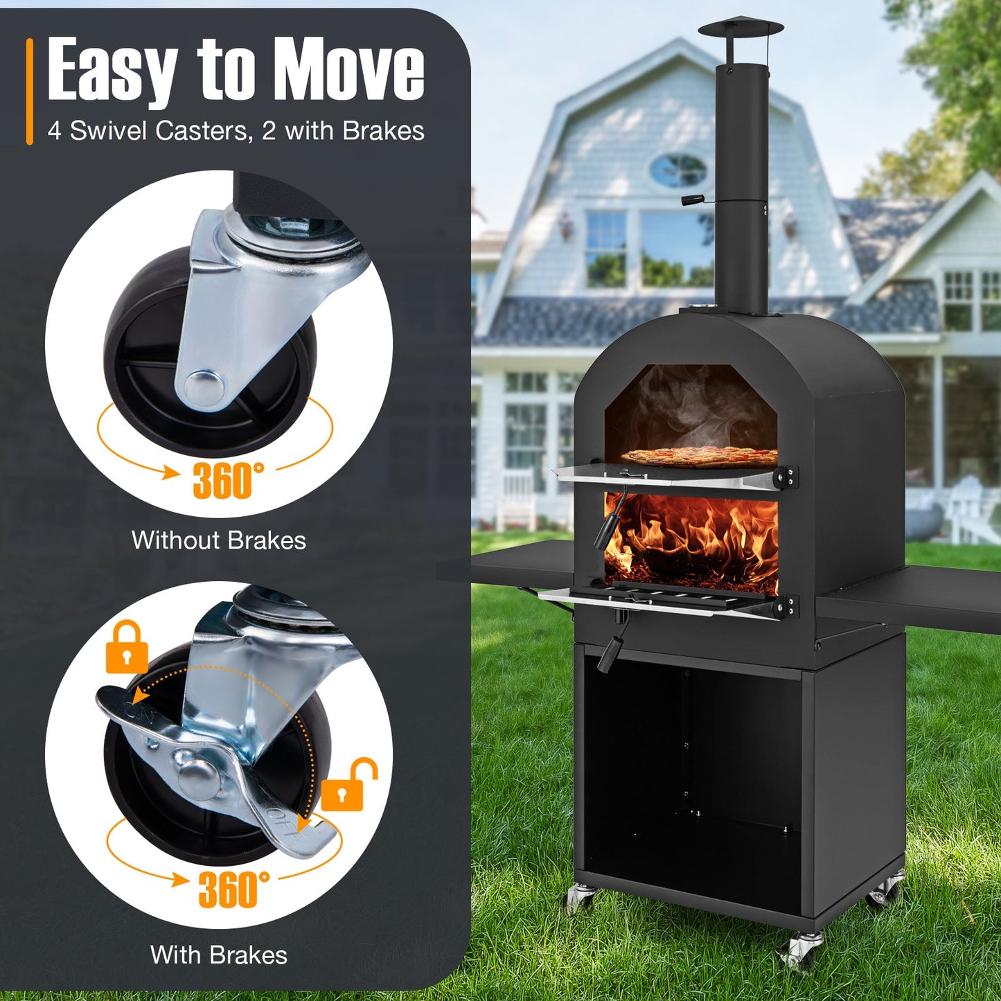 Outdoor Wood-Fired Pizza Oven with Stone, Grill Racks & Cover