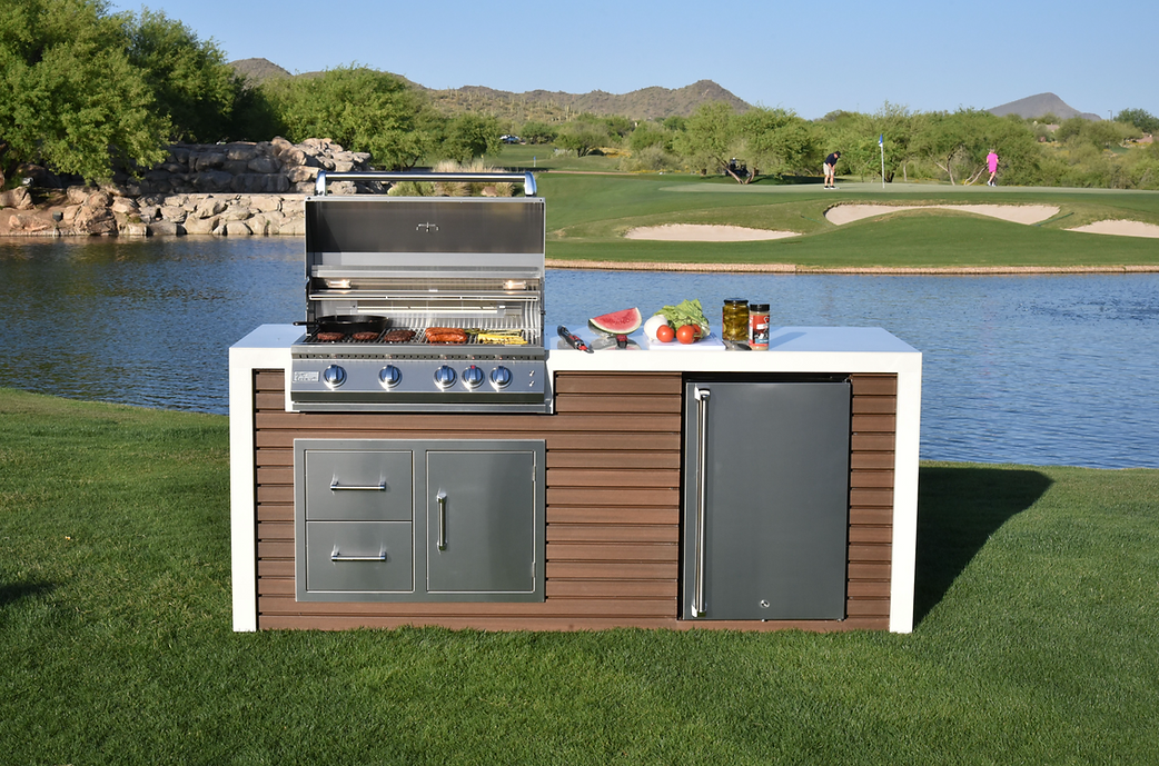 KoKoMo Outdoor Kitchen Island with Modern Waterfall Edge – 32” Built-In Grill