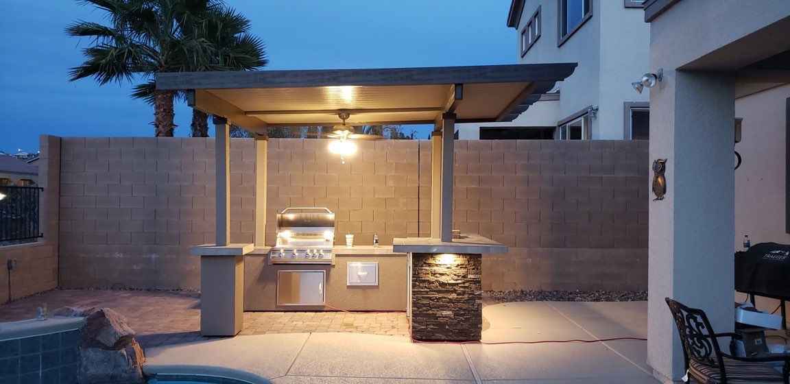grill under pergola at dusk