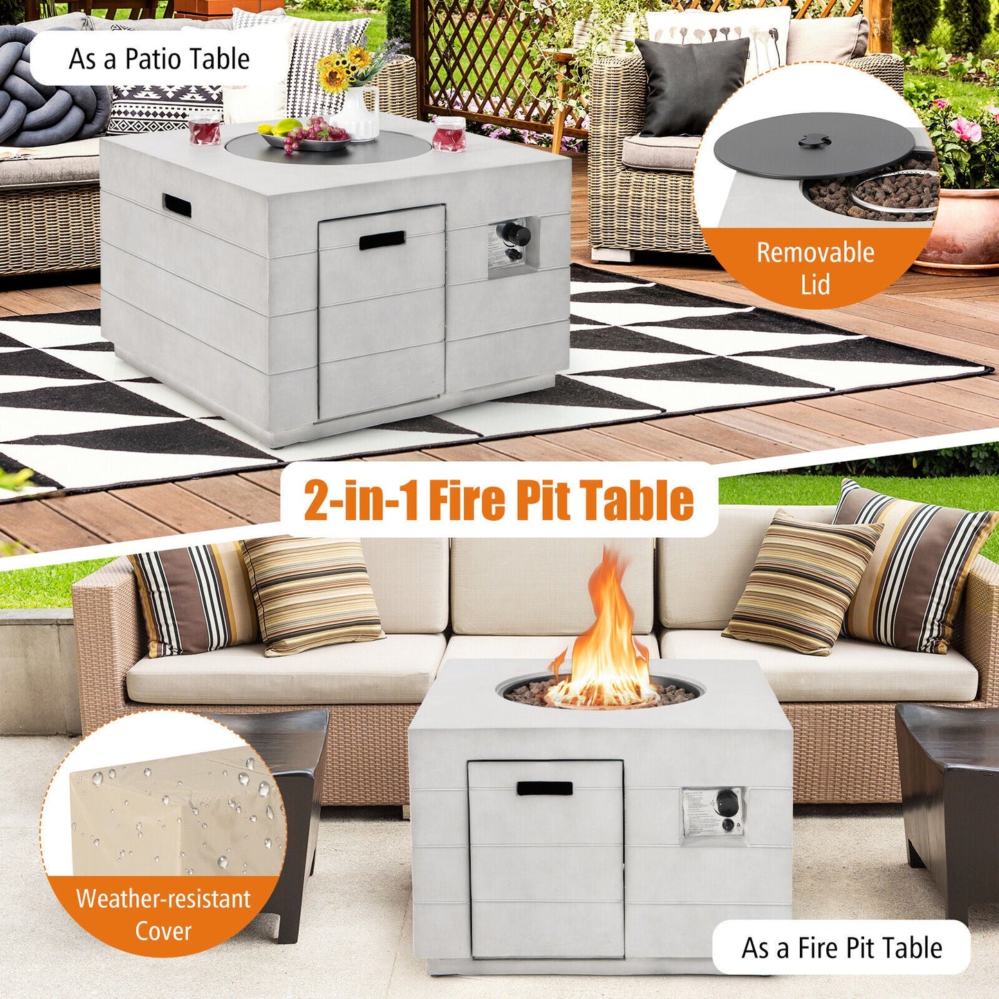 34" Concrete Propane Fire Pit Table – 50,000 BTU | Gray