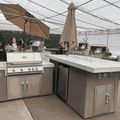 Kokomo Baja Blaze Outdoor Kitchen Island with Fire Pit – 4-Burner Grill, 7’6" Bar, Fridge & Umbrella | Propane