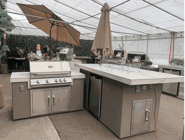 Kokomo Baja Blaze Outdoor Kitchen Island with Fire Pit – 4-Burner Grill, 7’6" Bar, Fridge & Umbrella | Propane