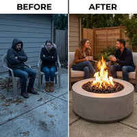 Brookhurst 43 In. W X 13 In. H round Outdoor GFRC Liquid Propane Fire Pit in Flint with Lava Rocks — Before & After