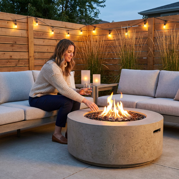 Outdoor Fire Pit Designed for Luxury Entertaining, 43-Inch GFRC Construction, Liquid Propane, Lava Rocks