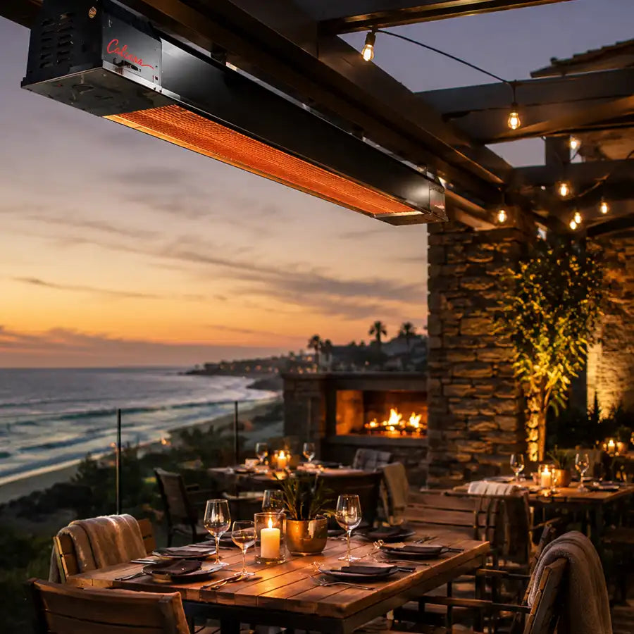 Calcana Patio Heater at dusk restaurant
