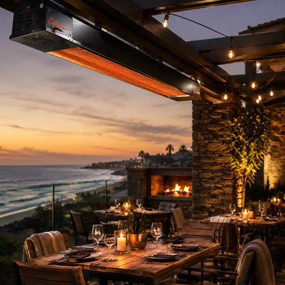 Calcana Patio Heater at dusk restaurant