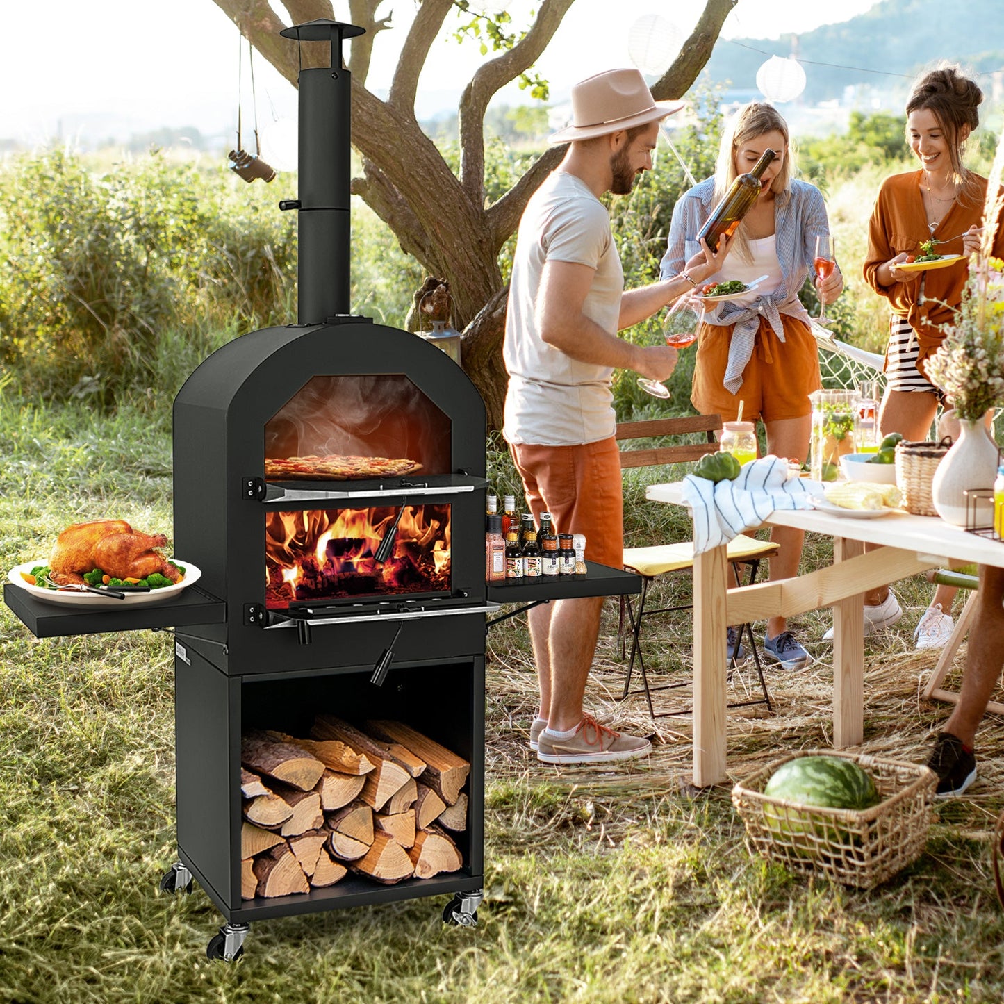 Outdoor Wood-Fired Pizza Oven with Stone, Grill Racks & Cover