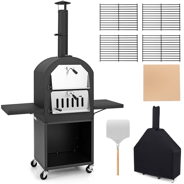 Outdoor Wood-Fired Pizza Oven with Stone, Grill Racks & Cover