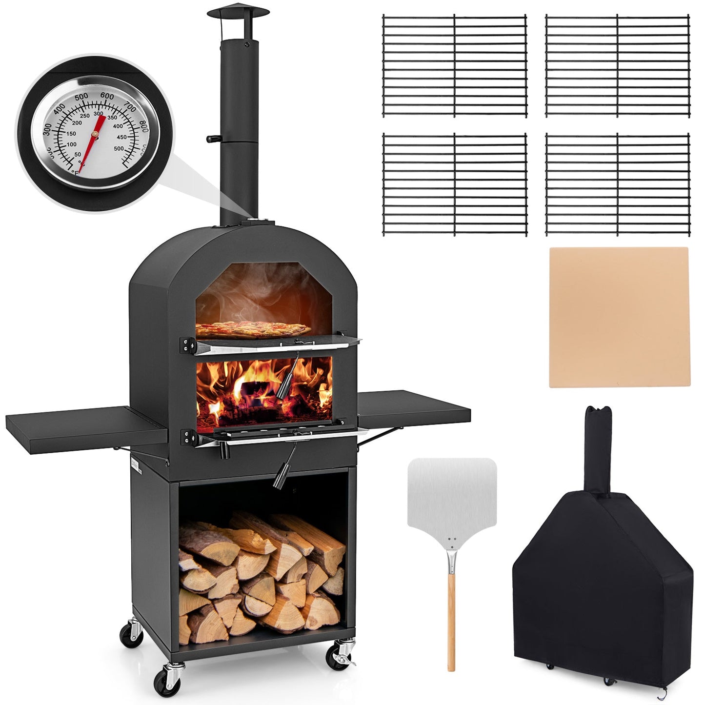 Outdoor Wood-Fired Pizza Oven with Stone, Grill Racks & Cover