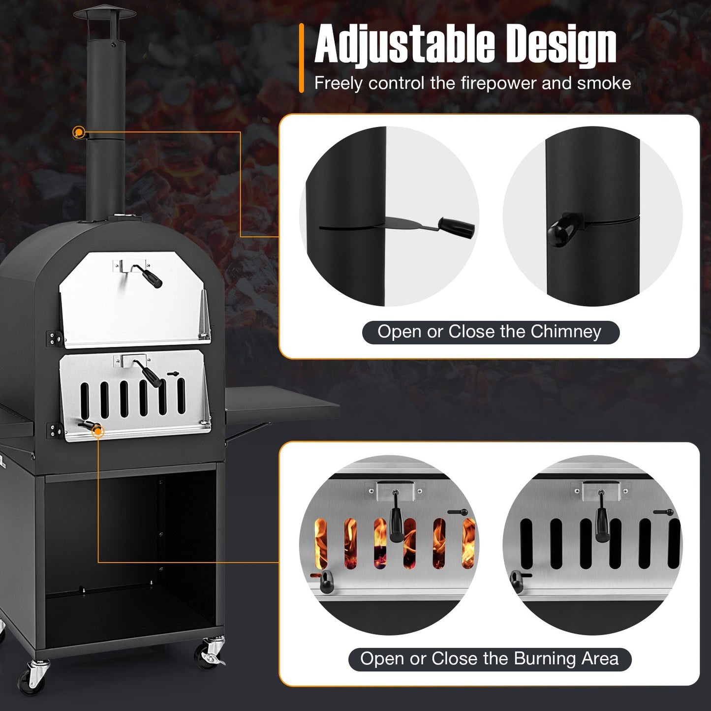 Outdoor Wood-Fired Pizza Oven with Stone, Grill Racks & Cover