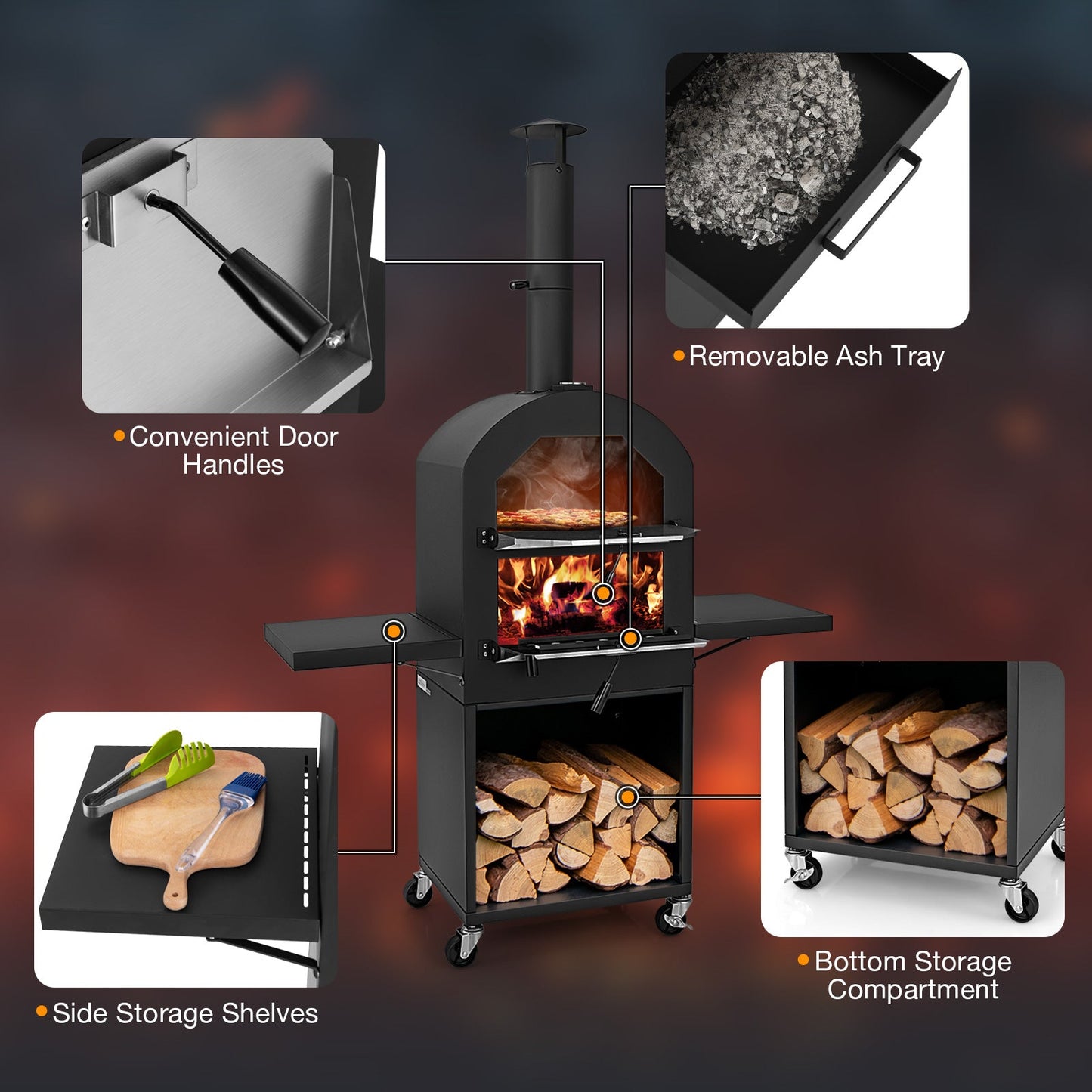 Outdoor Wood-Fired Pizza Oven with Stone, Grill Racks & Cover