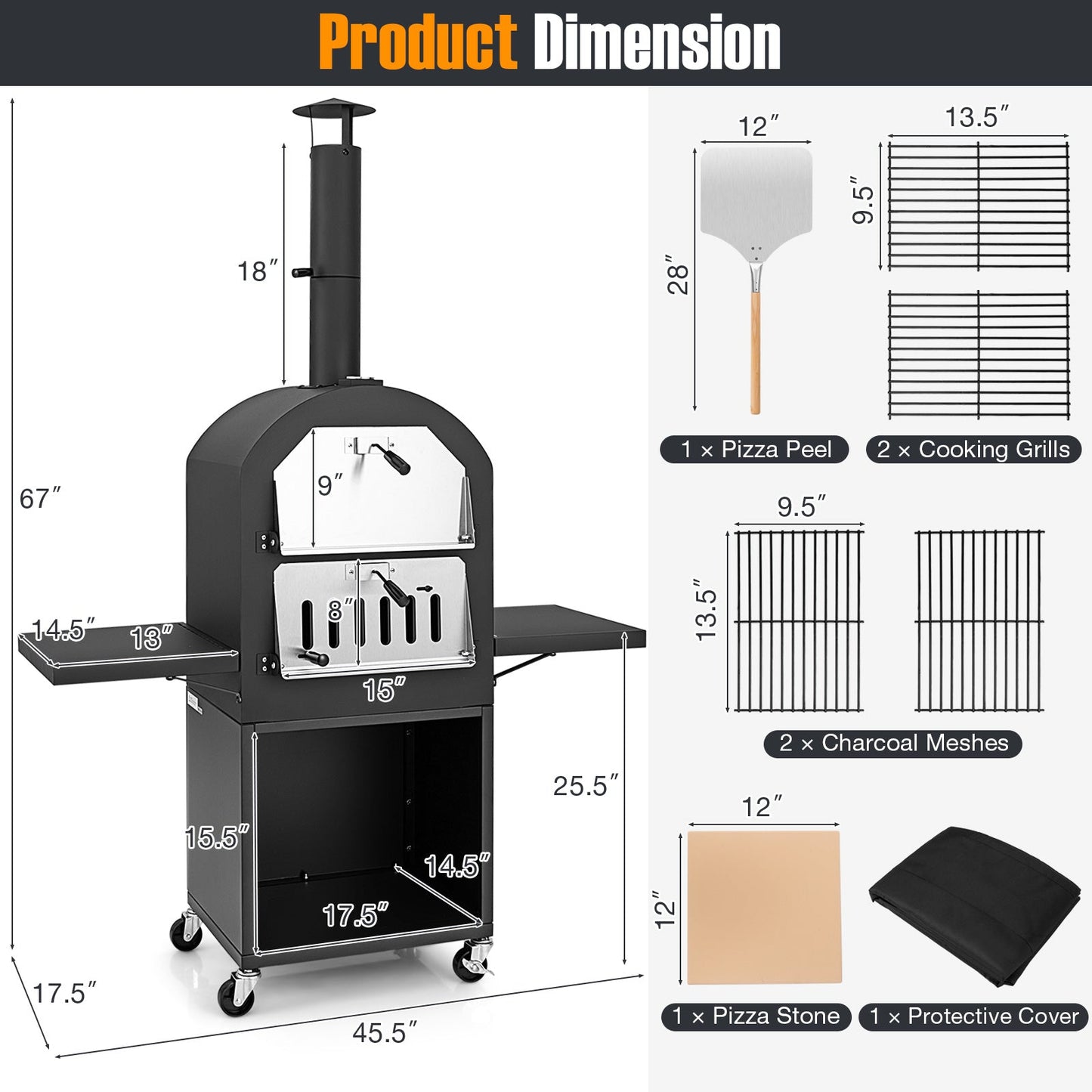 Outdoor Wood-Fired Pizza Oven with Stone, Grill Racks & Cover