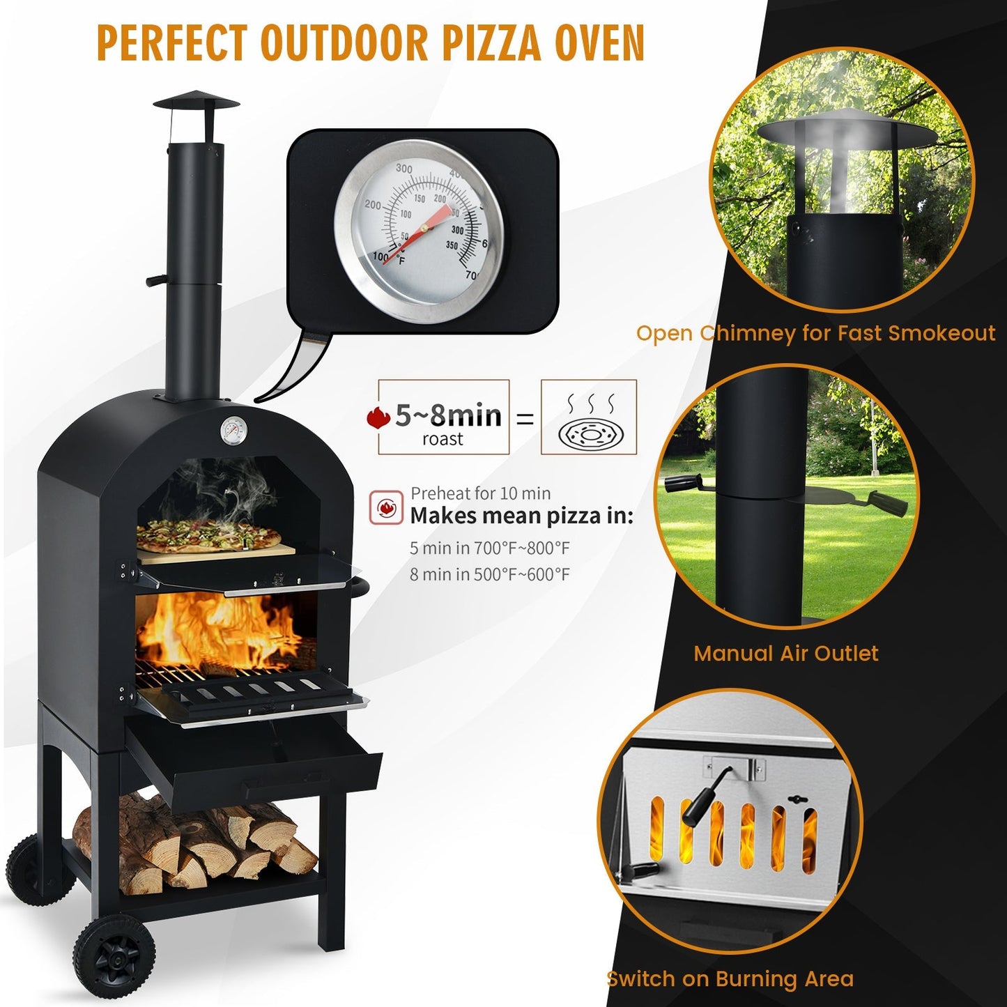 Portable Wood-Fired Pizza Oven with 12" Stone & Cover
