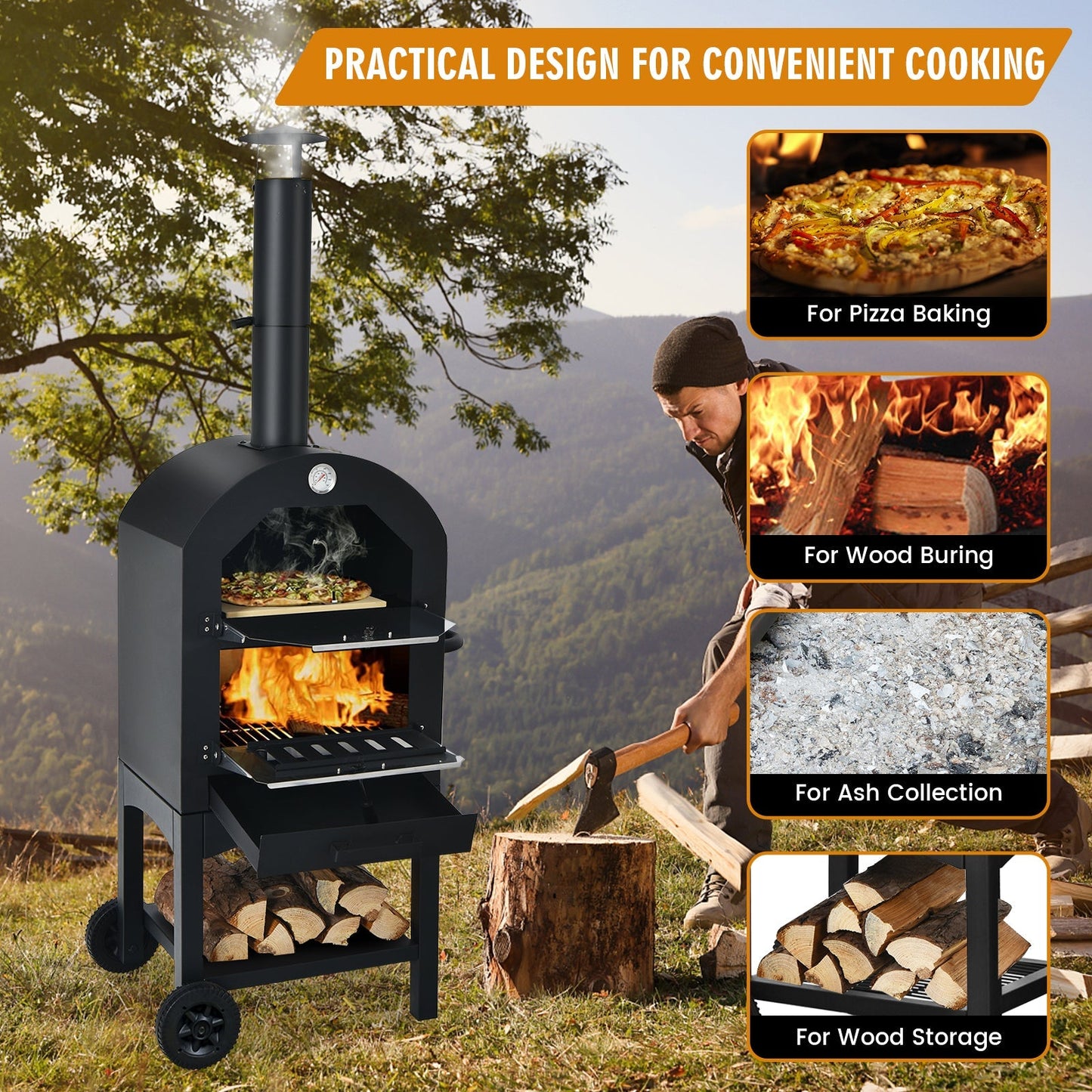 Portable Wood-Fired Pizza Oven with 12" Stone & Cover