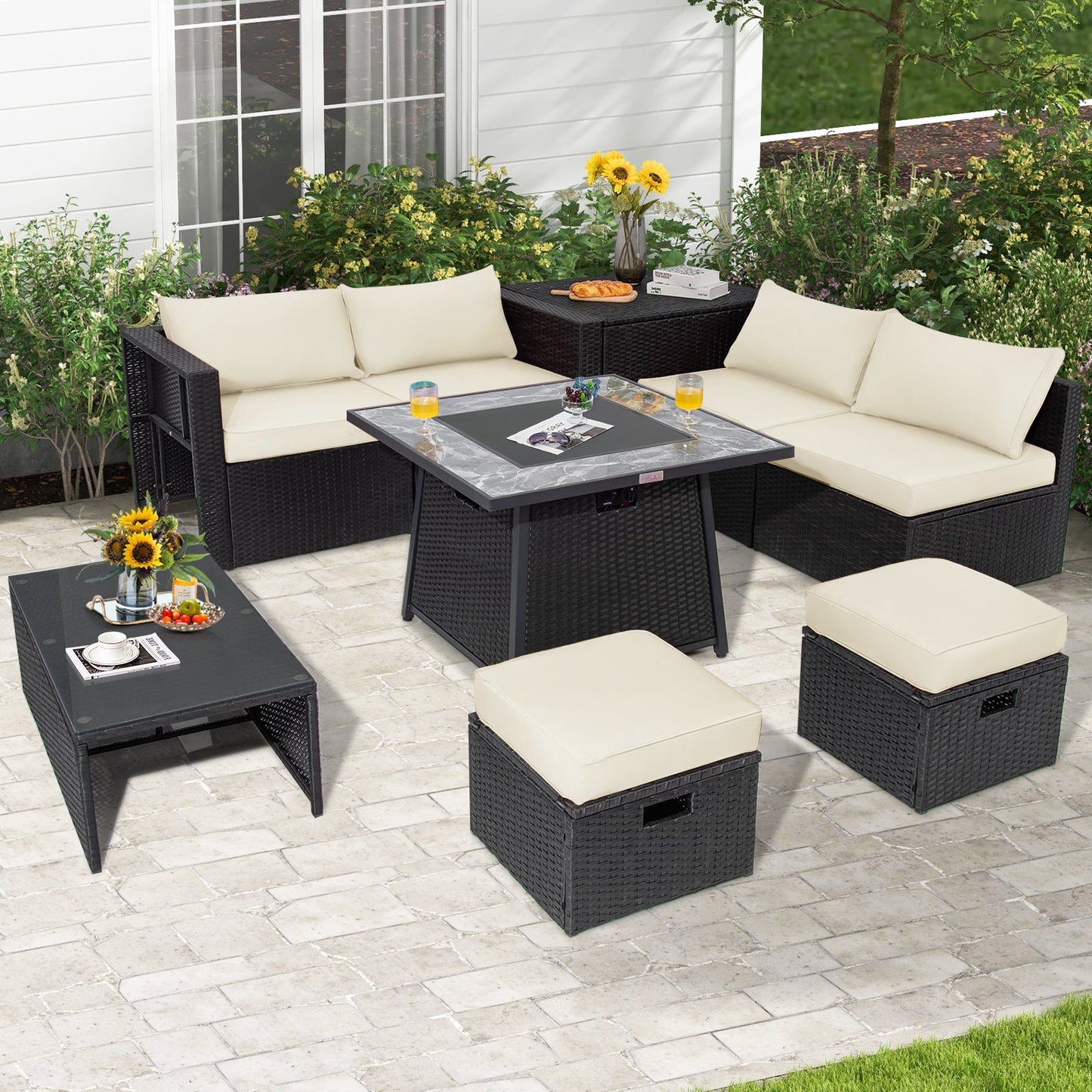 11 Pieces Patio Dining Set with 15 Feet Double-Sided Patio Umbrella Base Included