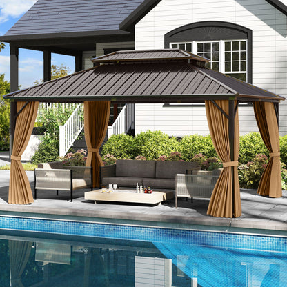 16' x 12' Hardtop Aluminum Gazebo with Curtains & Netting | Coffee