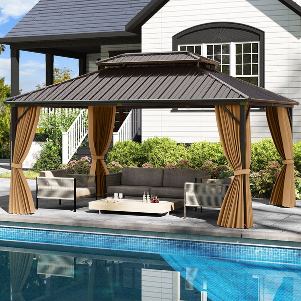 16' x 12' Hardtop Aluminum Gazebo with Curtains & Netting | Coffee