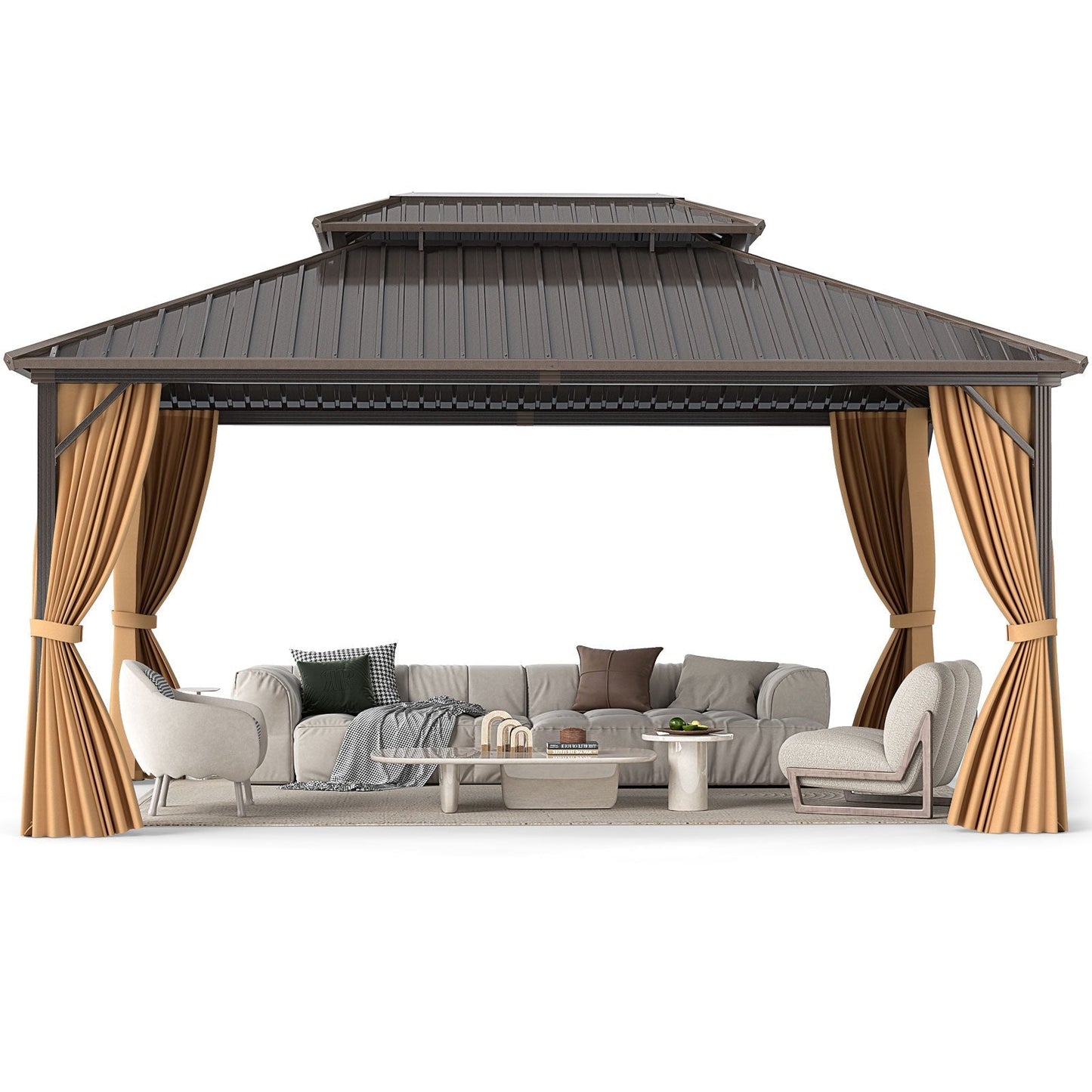 16' x 12' Hardtop Aluminum Gazebo with Curtains & Netting | Coffee