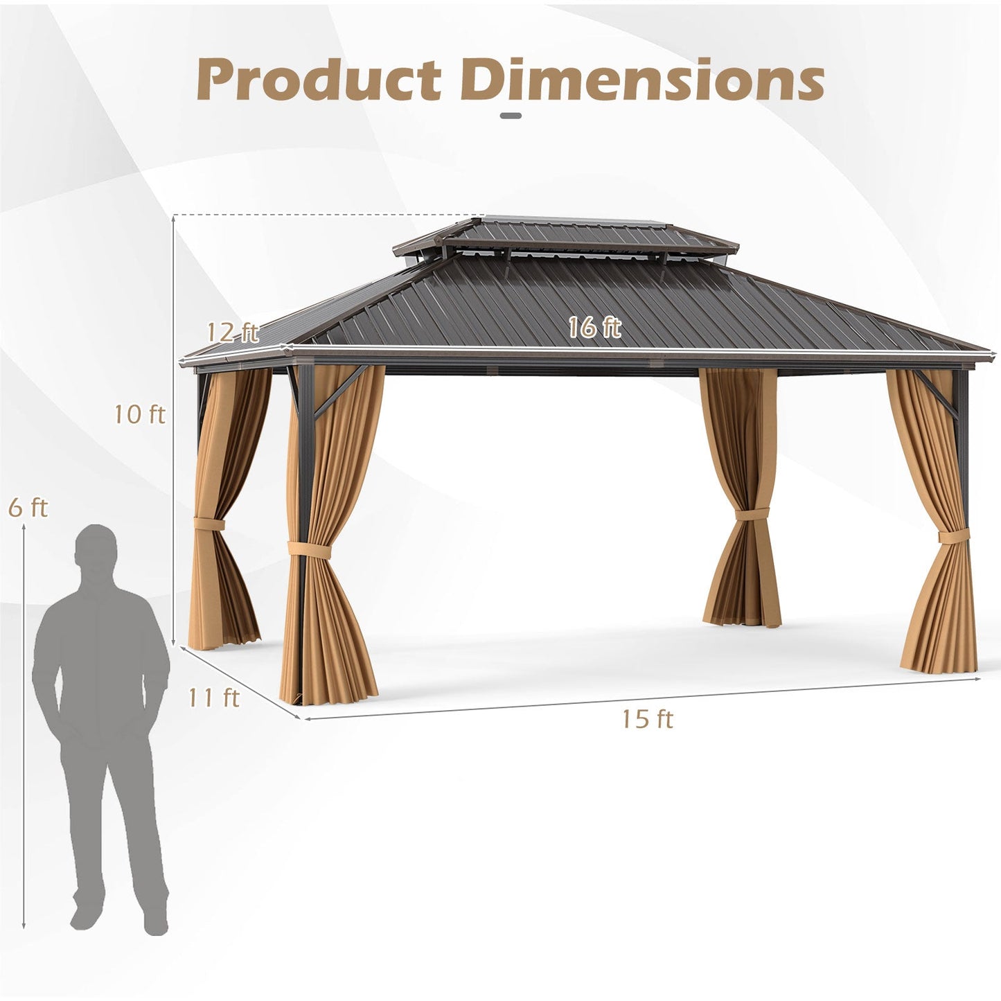 16' x 12' Hardtop Aluminum Gazebo with Curtains & Netting | Coffee