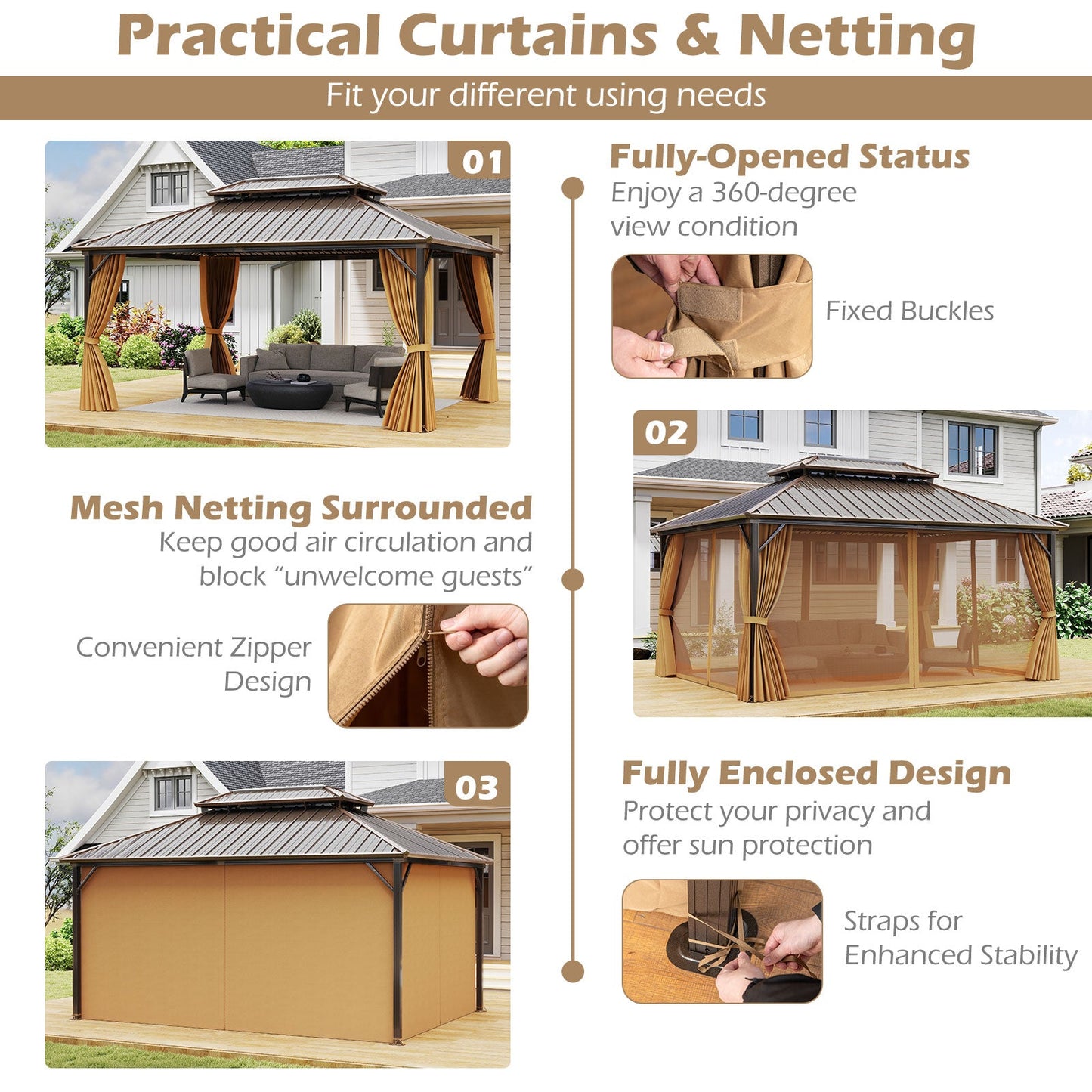16' x 12' Hardtop Aluminum Gazebo with Curtains & Netting | Coffee