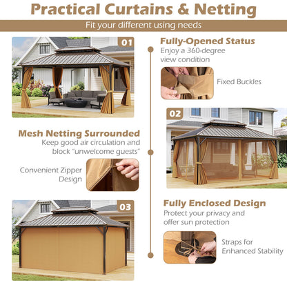 16' x 12' Hardtop Aluminum Gazebo with Curtains & Netting | Coffee